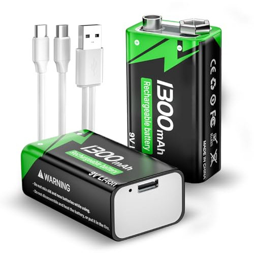 Piles 9V Rechargeables, 9 Volt Piles Carrées Lithium-ION Batteries avec Port de Charge USB-C Rapide pour Microphone, Détecteur de fumée, Jouets électroniques etc (Lot de 2)