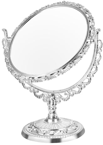 FRCOLOR Doppelseitiger Retro Schminkspiegel Rund mit Herzform aus Metall Silber für Bad Schlafzimmer Tischspiegel mit Ständer Kosmetischer Make Up Spiegel