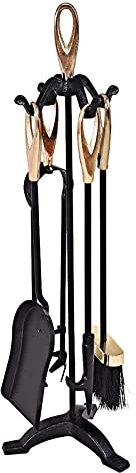 Set di 5 Attrezzi da Camino in Ferro battuto Rustico Nero con Impugnatura Dorata, Include Accessori per braciere a Soffietto e Supporto per caminetto