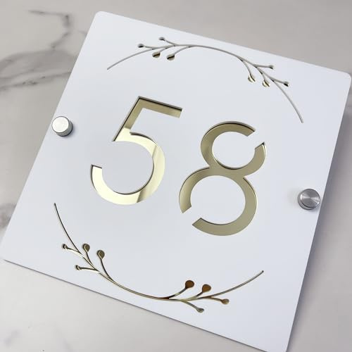 Plaque de Numéro de Maison en Acrylique Creux 3D avec Design Floral Ornemental – Plaque d'Adresse Personnalisée Gravée au Laser pour Mur, Plaque de Numéro de Porte Flottante à Finition Mate (Blanc