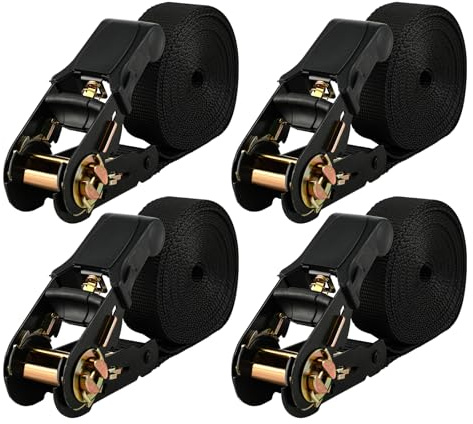 Cinchas de Amarre - Cinchas con Carraca de Poliéster - Juego de 4 Eslingas de Amarre Cortas 25 mm x 4 m, con Trinquete Ajustable, Resistente hasta 8000 kg para Coche, Moto, Bicicleta y Equipaje