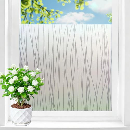 Shackcom Fensterfolie Sichtschutz Selbsthaftend 90x200cm Blickdicht Milchglasfolie Sichtschutzfolie Statisch Haftend Anti-UV Dekorfolie mit Skandinavisches Linienmuster für Wohnzimme Badezimmer-J084