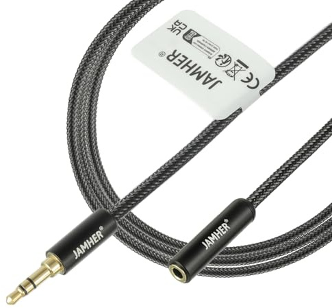 JAMHER Cavo audio AUX da 3,5 mm, da maschio a femmina, in nylon intrecciato, cavo AUX per auto, cuffie, lettore MP3, smartphone, tablet, stereo di casa, computer portatili (2 m)