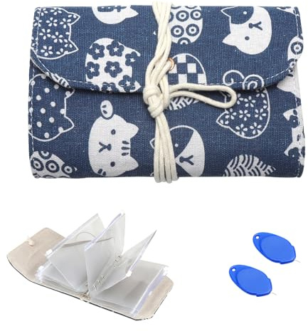 Aufbewahrungstasche für Rundstricknadeln Stricknadel Aufbewahrung Tasche mit 11 wasserdichten Reißverschlusstaschen, tragbare Stricknadel Aufbewahrung A6, Blaues Katzendesign mit 2 Daumen Einfädler