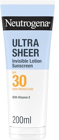 Neutrogena Ultra Sheer Lozione Idratante Invisibile Protezione Solare SPF 30 200 ml, Crema solare 30 viso e corpo con Vitamina E, Waterproof, Per tutti i tipi di pelle, Ultra-leggera, Senza profumo