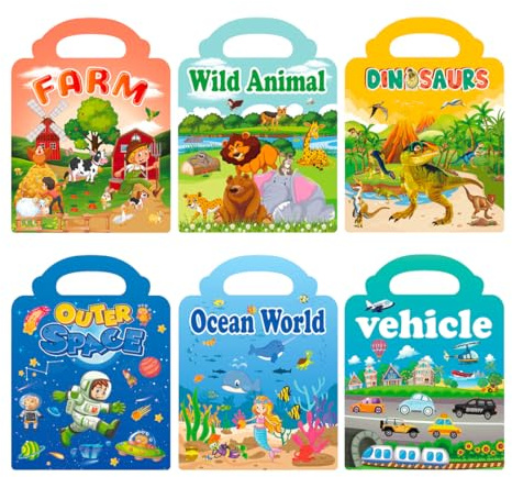 EJRUP Lot de 6 Livre d'autocollants Réutilisables,Autocollants 3D pour Enfants,Livres d'activités Pour Garçons et Filles,Cadeaux d'anniversaire,Ferme,Animaux,Espace,Véhicules,Dinosaures,Monde Marin