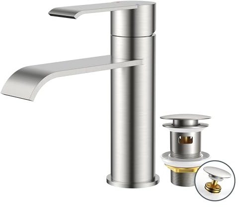FORIOUS Grifo Lavabo Alto Con Desagüe, Grifo Baño Monomando De Acero Inoxidable para Lavabos de Baño,Diseño Cascada Con Altura De Caño 98MM，Inox