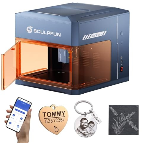 SCULPFUN iCube Ultra 12W Engraver, Mini Engraving Machine for Wood, Leather & Stone, 10000mm/min High-Speed Engraving, 150 x 150mm Work Area, Beginner-Friendly DIY Desktop Cutter