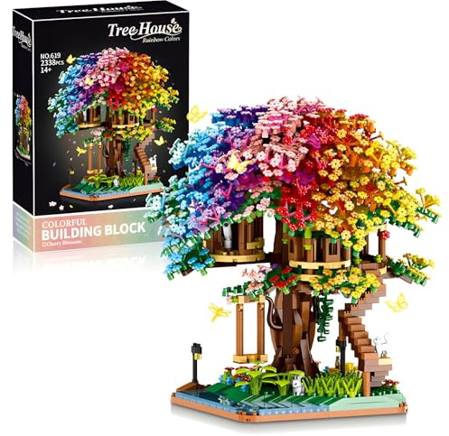 Street View Cherry Bonsai Tree Bricks Model Set, 2338Pcs DIY Rainbow Sakura Tree House Building Block Assembly Mini Particle Construction Toy - Not Compatible with Major Brands
