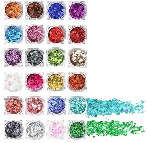 24 Farben Festival Glitzer Gesicht, Body Glitter Gel Chunky Sequin Set, Gesichtsglitzer Körperglitzer für Halloween, Karneval, Make-up, Bastel, Nagelkunst und Kleidungsdekoration als Festival Zubehör