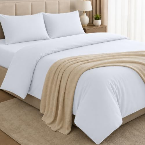 BEDIO White (4 Piece) King Bedding Set - Duvet Cover, Fitted Sheet with 2 Pillow cases - Soft Brushed Microfiber Set