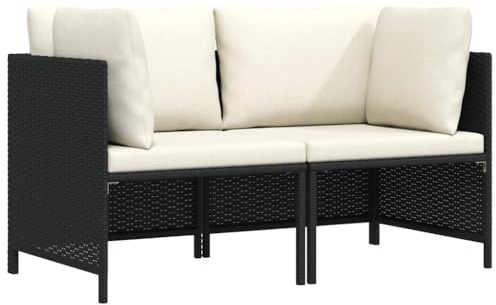 QJBSAVVA 2-Sitzer-Gartensofa mit Kissen Schwarz, Modernes Polyrattan Loungesofa Set für Terrasse und Balkon, 2-teiliges Gartenmöbel Ecksofa mit Stahlrahmen, Sitzhöhe 32 cm