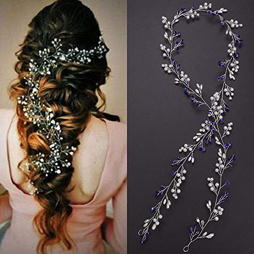 Deniferymakeup Extra lange Brautschmuck mit Perlen und Kristallperlen, Brautschmuck, Haarschmuck, Haarschmuck (blau)