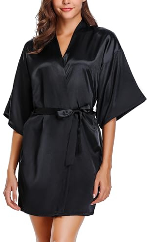 Wikoan Kimono Damen Bademantel Satin Kurzer Sexy Morgenmantel Robe Mit Gürtel Bademäntel V-Ausschnitt Nachtwäsche Bathrobe A-Schwarz S