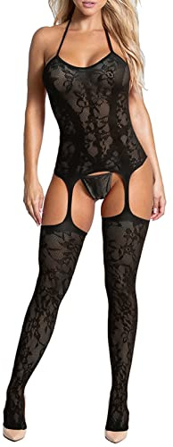 Yutdeng Lencería para Mujer con Ligueros Medias Halter Encaje Transparente con Tanga Ropa Interior Body Fiesta Babydoll Ligas Ropa de Dormir Lingerie, Negro