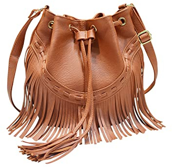 Jywmsc Damen Fransen Quaste Umhängetasche Freizeit Boho Bucket Umhängetasche