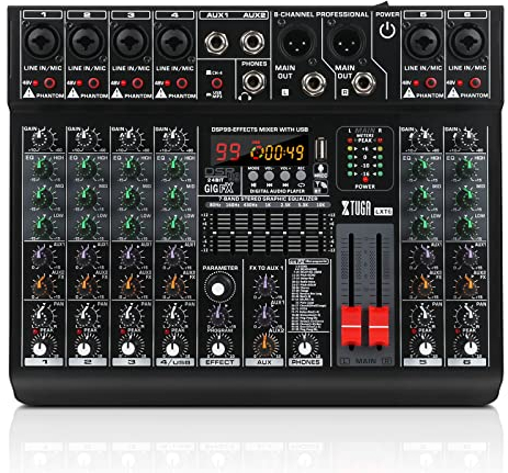 XTUGA LXT6 Table de mixage audio professionnelle à 6 pistes avec 99 effets DSP, égaliseur 7 bandes, bouton d'alimentation fantôme 48V indépendant et sourdine, fonction Bluetooth, DJ, scène/soirée