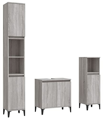 vidaXL 3 Piece Bathroom Furniture Set - Grey Sonoma Engineered Wood with Metal Feet - Includes Sink Cabinet and Two Stand Cabinets