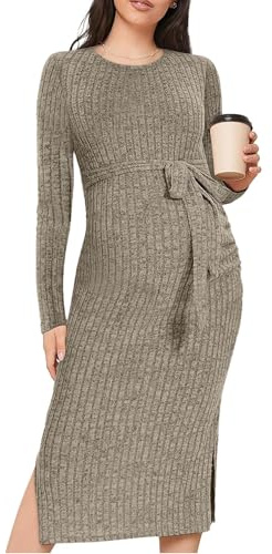 guruixu Rundhals-Umstandspulloverkleid, Rippstrick, langärmelig, Schlitz, Schwangerschaftskleid, Kleidung mit Gürtel, Khaki, X-Groß