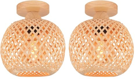 LIGKIN 2 Pezzi Plafoniera Bambù Lampadario Vintage Boho E27 Rattan Paralume Bambù Lampadari Ø20cm Legno Lampada da soffitto per Ristoranti, Salotti, Cucine, Caffè