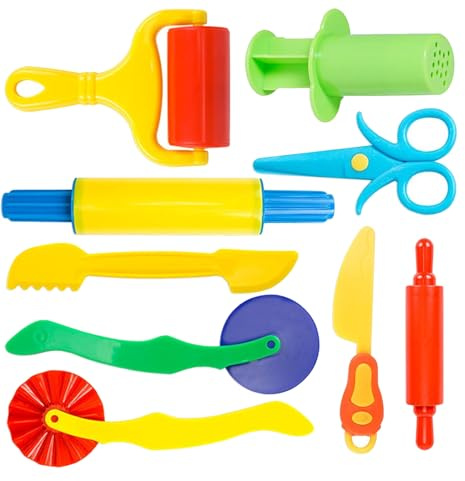 Satiskid 9 PCS Children's Clay Tools, Playdough Tools Kit for Kids, Including Cutters Roller, Rolling Pins, Safety Scissors,Dough Extruder, Plastic Knife, Playset for Toddler Preschool Art Toys