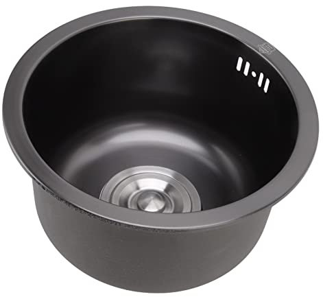 Runde Mini-Küchenspüle aus Edelstahl mit Einzelbecken und Abflusszubehör für zu Hause (Nano schwarzer Diamant)