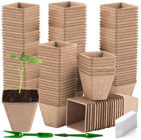 JAADU Pots Biodégradables,100 Pièces 8 CM Pot de Semis de Plante,avec 100 étiquettes de Plantes +2Pcs Outils de Repiquage,Peti Pots pour Plantation Graine Fleurs