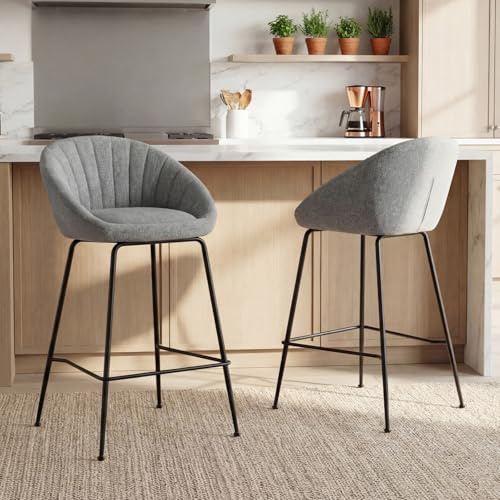 chairus Set di 2 Sgabelli da Bar Sgabelli Cucina in Tessuto di Lino Sgabelli alti Sgabello Bar con con Gambe in Metallo Sedie da Bar Imbottite per Cucina Penisola, Grigio