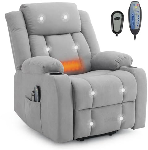 TactFire Fauteuil Releveur Électrique Relax, Fauteuil de Relaxation avec Fonction Massage et Chaleur, Inclinaison Réglable et Repose-Pieds (Gris Clair)