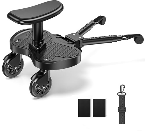 Buggy Board with Seat, Universal Buggy Board for Standing and Sitting, Kiddy Board with Suspension Strap, Fit for Pushchairs/Prams, Ages 2-6 (Load 25kg)