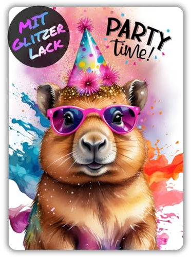 celebr8te 12x Party Capybara Glitzer Einladungskarten - Teenager Kindergeburtstag Jungen & Mädchen - coole Tier Geburtstagseinladungen inkl. Messenger Bild & Urlaubsgutschein
