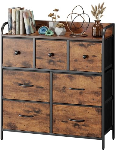 Nicehill Chest of Drawers with 7 Drawers, Wood Top and Sturdy Storage Frame, Chest of Drawers for Bedroom Storage, Kids room, Living room, Closet, Rustic Brown