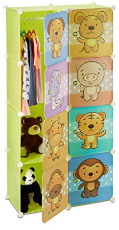 Relaxdays Kinderregal mit Tiermotiv, Kunststoff Steckregal m. Türen, Kinderzimmer Kleiderschrank m. Kleiderstange, bunt, 37 x 74 x 145 cm
