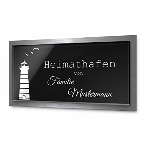 Premium Türschild aus Hochglanz Acrylglas und V2A Edelstahl | Namensschilder mit Gravur und Motiven Familienschild Türschilder für die Haustür mit Namen selbstklebend oder mit Bolzen 23x12 cm