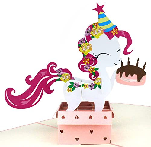MOKIO® Pop-Up Geburtstagskarte – Happy Birthday Pony mit Geschenk und Torte – 3D Geschenkkarte zum Geburtstag, handgefertigte Klappkarte mit Umschlag, ideal für Geldgeschenke