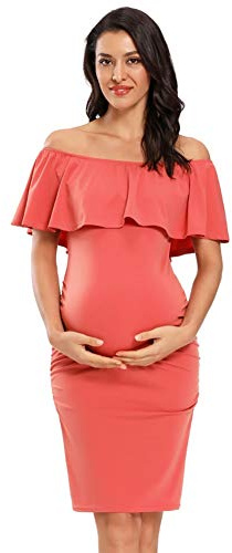Jezero Damen Umstandskleid Schulterfrei Rüschen Ärmellos Bodycon Kleid für Babyparty, Papaya, Klein