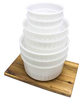 WoodBi Käseformen Set, DREI Größen 0.4kg, 0.7kg, 0.9kg mit Holzbrettchen Käseform Herstellung Käseherstellung (Set Maxi)