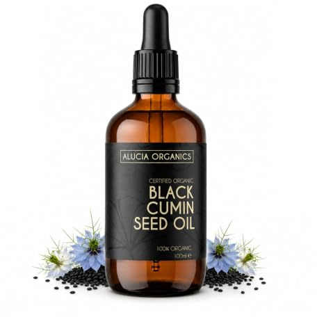 Alucia Organics Huile de graines de cumin noir certifiée bio 100 ml – Pure, naturelle, pressée à froid, certifiée biologique, végétalienne, sans cruauté envers les animaux, les cheveux, le massage
