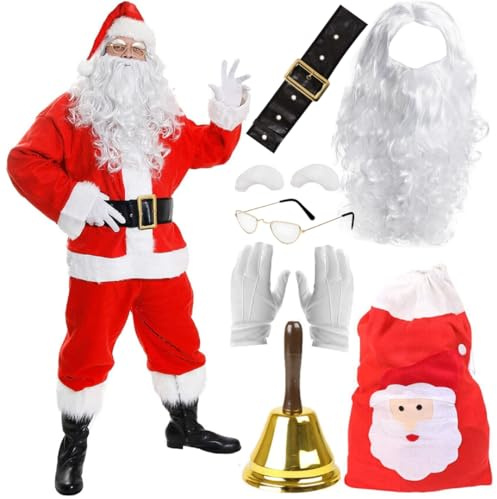 Deluxe Father Christmas Santa Costume – 12 Piece Complete Santa Outfit Fancy Dress Set with Wig, Beard, Eyebrows, Glasses, Gloves, Belt, Boot Covers, Bell & Santa Sack – Adults Xmas Dress Up