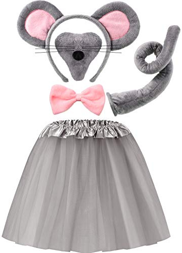 Geyoga Set de Déguisement de Souris pour Enfants Set de Jupe Tutu de Costume Nœud Papillon Queue Nez Oreilles de Souris Robe Tutu Accessoires de Déguisement Fantaisie, Gris avec du Rose