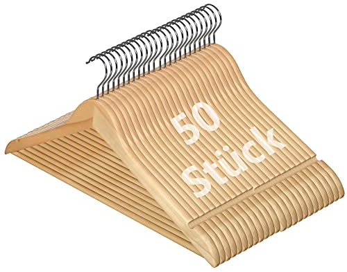 Ribelli Kleiderbügel Holz, 50 Stück, Anzugbügel Jackenbügel mit 360 Grad drehbarem Haken & runder Hosenstange & Schulterkerben, Holzbügel Bügel Geeignet für Mantel, Jacke, Anzug, Hosen, Hemden