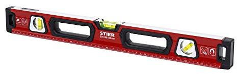 STIER Premium Wasserwaage, mit Magnet und drei Libellen, 600 mm, 0,5 mm/m, vertikal und horizontal messen, Spiegel-Lotlibelle, präzise Messung, Aluminiumlegierung, doppelt gefräste Oberfläche
