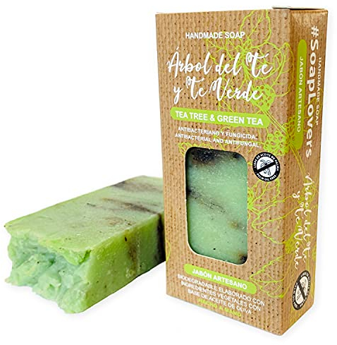 Jabón Natural de Arbol de Té - Jabon de Manos, Cuerpo, y Cara Antibacteriano y Fungicida, Pastilla Sólida Ecológica y Artesanal, Vegano y Sin Aceite de Palma (100 g)