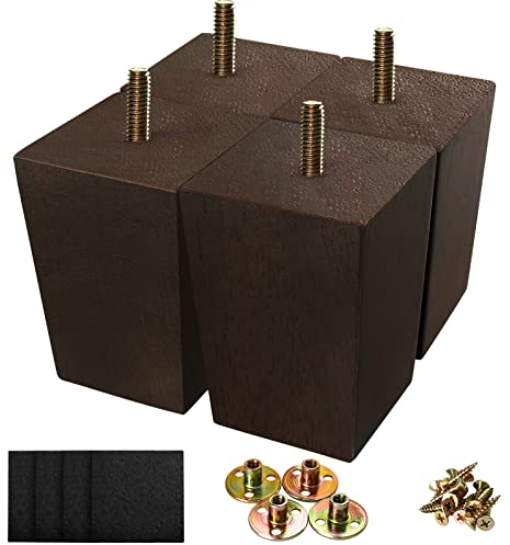 KOIKEY Sofa Bed Wooden Furniture Legs 10cm Heavy Duty Solid Wood Square Replacement Feet for Cabinets Chair Coffee Table Couch Armchair Dresser, Walnut Colour Set of 4