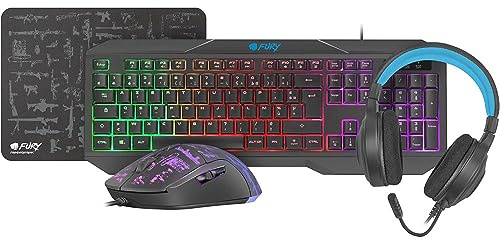FURY THUNDERSTREAK 3.0 Gaming Combo Pack Ensemble 4-en-1 : Clavier AZERTY + Souris + Casque + Tapis de Souris Gaming PC