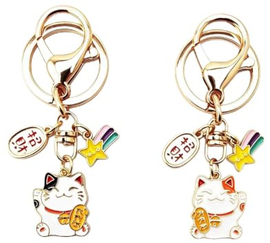 Hoshisea 2 Stück Glückliche Katze Schlüsselbund, Katze Glücksbringer Anhänger, Japanischen Stil Maneki Neko Schlüsselring, Für Geldbörsen, Schlüsselanhänger, Geschenke(zufälliger Stil)