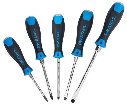SW-Stahl 32816L Schraubendrehersatz Schlagfest 5-teilig - S2-Stahl Set | Schlitz & Kreuz Schraubenzieher - Durchgehende Klinge mit Sechskant - Ergonomischer 2K-Griff - Magnetische Spitzen