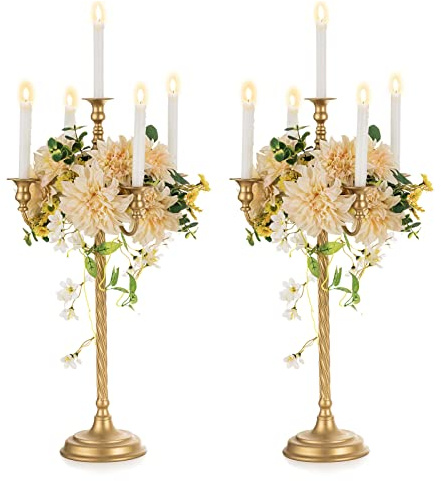 Nuptio Gold Candelabras Centrepieces 5 Candles: 71cm Set of 2 Floor Standing Candlesticks Holder Tall, Metal Candelabra Candle Holder Retro for Home Wedding Christmas Halloween Birthday Anniversary