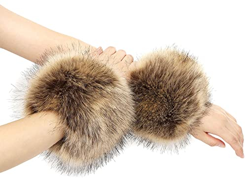 1 Paare Fell Pelz Armstulpen,Damen Pulswärmer Pelz Kunstfell Fellstulpen Fell Manschette Handschuhe Pulswärmer Kunstfell Winter Handgelenk Wärmer für Pullover Mantel Weste Jacken für Frauen,Braun