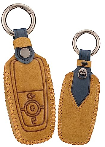 KUNIO Schlüsselhülle Passt für Ford Mondeo Mustang Explorer EcoSport S-Max Ranger Fiesta F150 F250 Leder Autoschlüssel Hülle Schlüsselanhänger Schlüsselschutz Schlüsselcase 3 Tasten Braun